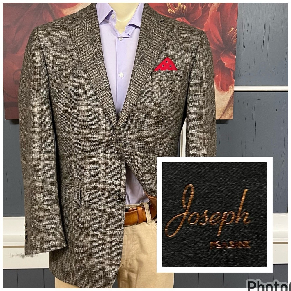 Jos A Bank Knit Blazer Jacket Sport Coat Mens 40R Wool Taupe/Charcoal Plaid